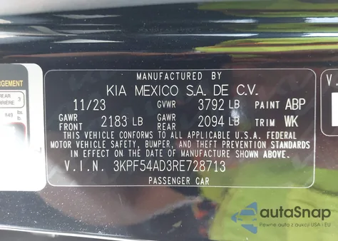 2024 Kia Forte Gt-Line z USA, uszkodzony, nr VIN 3KPF54AD3RE728713